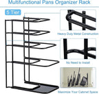 Toplife Heavy Duty Pan Organizer, 5 Tier Pot and Pan Organizer Rack for Cast Iron Skillets, Griddles and Pots - Sturdy Steel Construction- No Assembly Required - Black