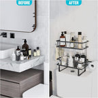 Over The Toilet Storage，Bathroom Shelves Over Toilet,2 Tier Above Toilet Storage with Hanging Hook & Toilet Paper Holder,Non-Trace Adhesive, No Drilling Toilet Organizer (Black)