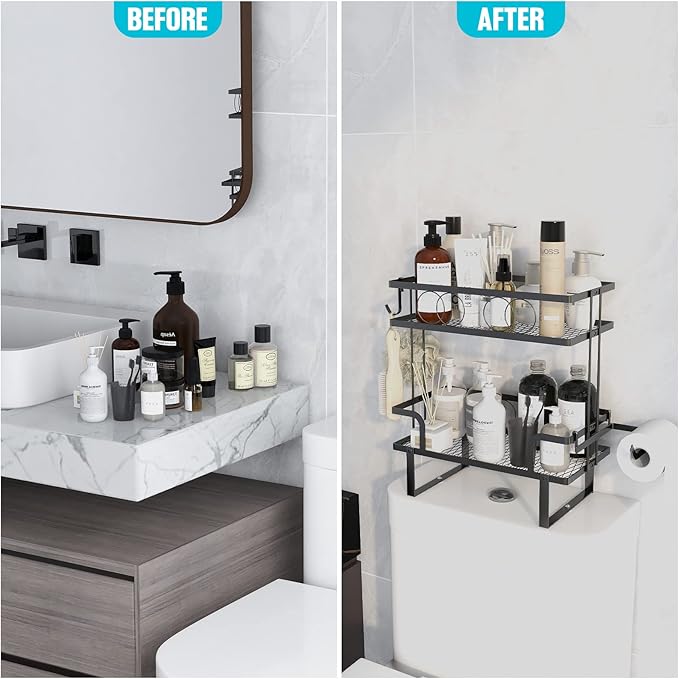 Over The Toilet Storage，Bathroom Shelves Over Toilet,2 Tier Above Toilet Storage with Hanging Hook & Toilet Paper Holder,Non-Trace Adhesive, No Drilling Toilet Organizer (Black)