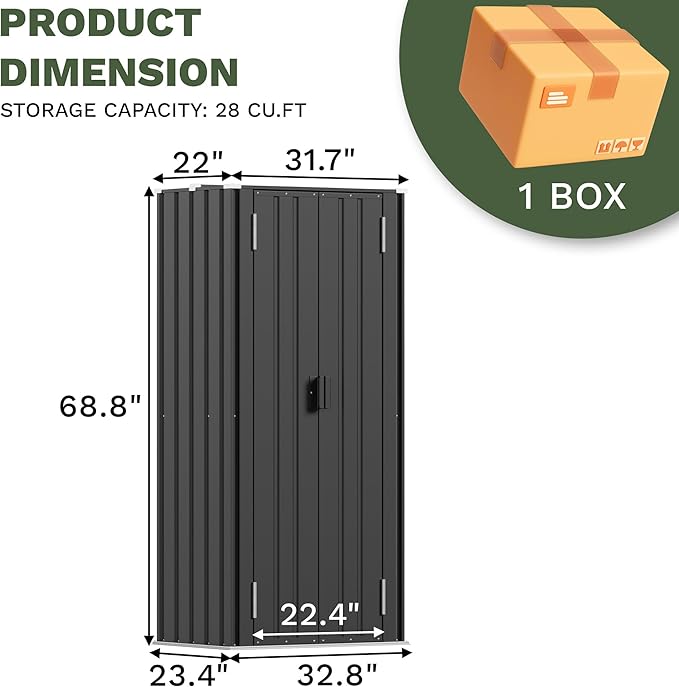Patiowell 28 Cuft Outdoor Storage Cabinet with Adjustable Shelves, Metal Storage Shed with Lockable Door, Outdoor Vertical Waterproof Tool Shed for Backyard Garden Patio, Black