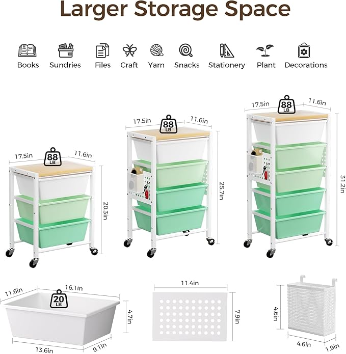 Rolling Cart with 3 Drawers, Plastic Drawer Storage Carts with Lockable Wheels & Wooden Tabletop, Metal Utility Cart Organizer, Office Bedroom Classroom Craft Organization and Storage, Bright Green