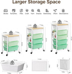 Rolling Cart with 3 Drawers, Plastic Drawer Storage Carts with Lockable Wheels & Wooden Tabletop, Metal Utility Cart Organizer, Office Bedroom Classroom Craft Organization and Storage, Bright Green