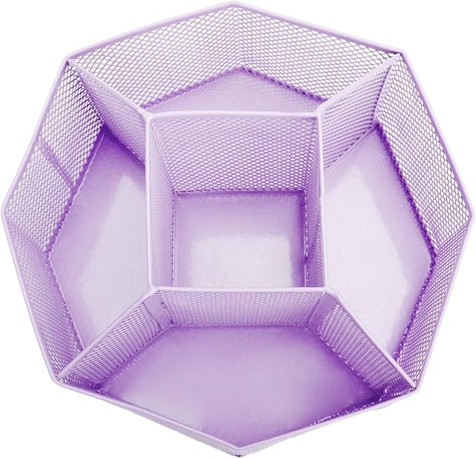 Annova Mesh Desk Organizer Rotate with 5 Compartments Spinning Tidy Candy/Pen Holder Office, Art Supply, Storage, Classroom, Home (Light Purple)