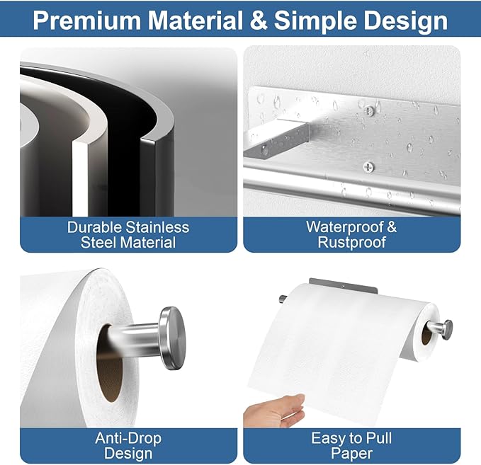 Paper Towel Holder Under Cabinet, Upgraded Adhesive Paper Towel Holder Wall Mount for Kitchen, Bathroom, RV, Bend-Resistant, Self-Adhesive or Drill mounting, Stainless Steel, Silver