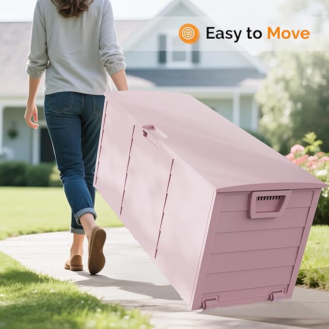 VINGLI 75 Gallon Outdoor Storage Box, Lockable Plastic Storage Containers with Lid, Patio Deck Box Furniture for Garden, Pool, Balcony, Yard (Light Pink)