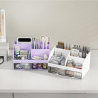 Desk Organizer with 6 Compartments and 2 Drawers, Plastic Makeup Organizer, Pen Holder for Desktop Storage, Desk Organization for School, Home, Office Supplies (Purple)