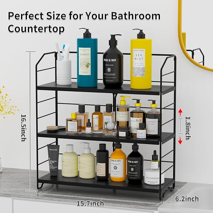 Bathroom Countertop Organizer, 3-Tier Bathroom Counter Organizer, 8-Levels Height Adjustable, Bathroom Organizer for Kitchen, Pantry, Livingroom, Offices Storage, Metal Black
