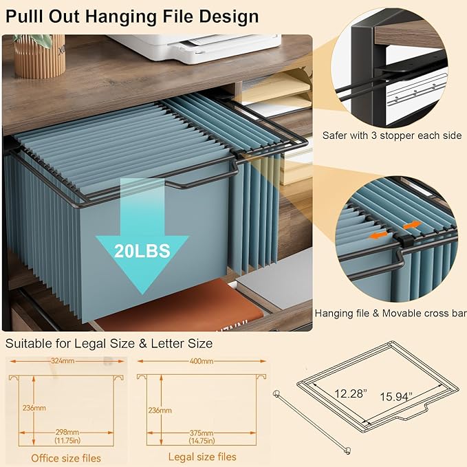 HSH Mobile Lateral File Cabinet with Drawer, Rolling Filing Cabinet for Legal Letter Size, Printer Stand with Storage Shelf, Lockable Wheels, Hanging File Organizer for Home Office, Rustic Oak, 33Inch