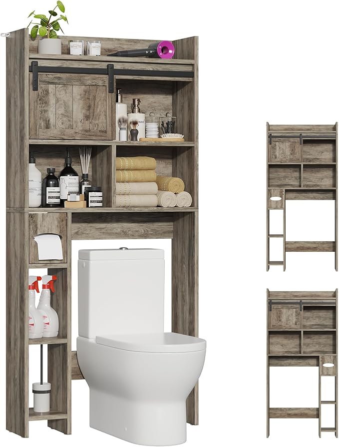 Semoic Over The Toilet Storage Cabinet, Over The Toilet Shelf with Sliding Door & Toilet Paper Holder Stand, Bathroom Above Toilet Storage, Home Space-Saving Toilet Rack for Bathroom, Light Grey