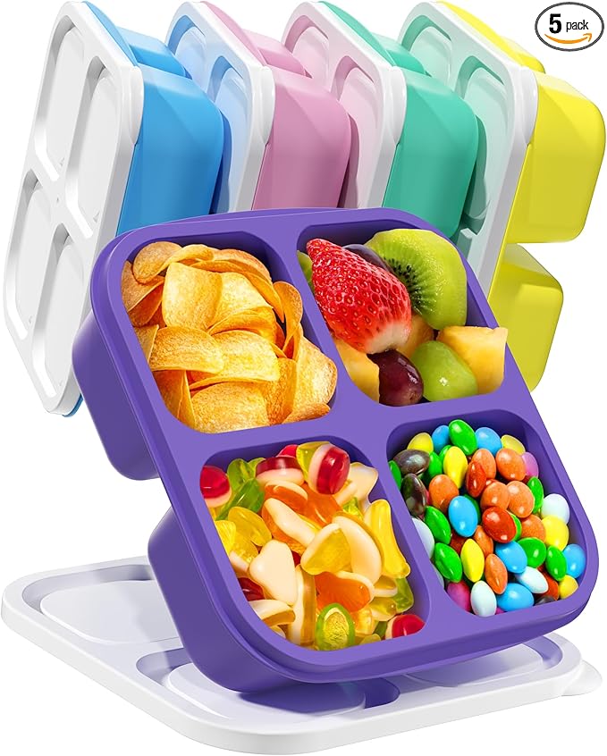 5 Pcs Bento Snack Containers, Reusable 4 Compartment Divided Food Storage Containers, Divided Lunchable Container for School, Work and Travel (5 Color)