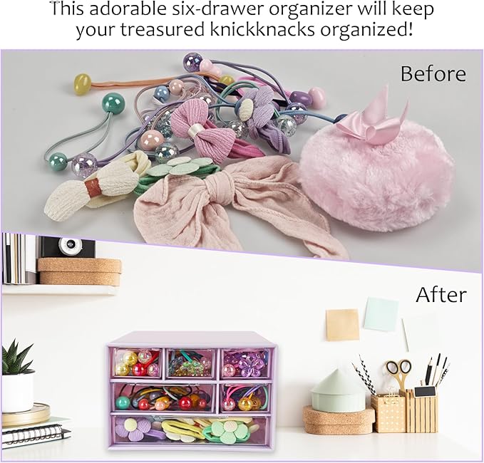 Mini Desk Drawer Organizer with 6 Clear Drawers - 7" x 3.9" x 4.7" Small Plastic Storage Box for Office, Classroom, Crafts, and Home Desktop Organization