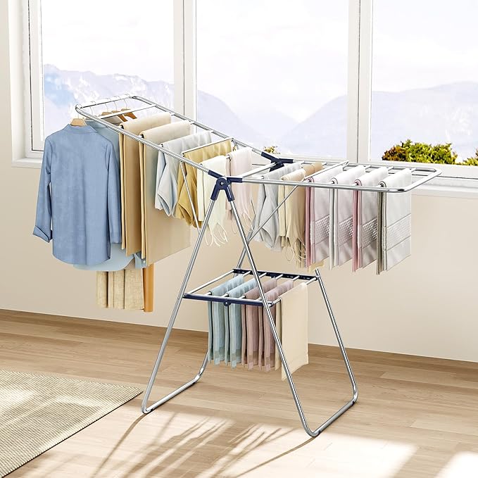 KINGBOARD Clothes Drying Rack,Stainless Steel Laundry Drying Rack with Height-Adjustable, Foldable Gullwing for Easy Storage, No Assembly, Indoor Outdoor Use, 56.4" D x 21.6" W x 39.3" H, Blue
