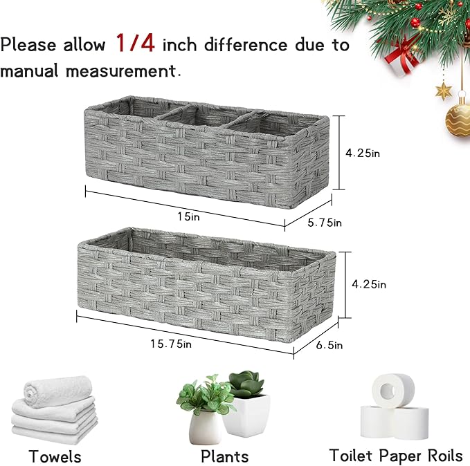 DULLEMELO Toilet Tank Basket, Set of 2 Plastic Wicker Bathroom Baskets for Organizing, Waterproof Toilet Paper Storage Basket for Bathroom, Light Grey