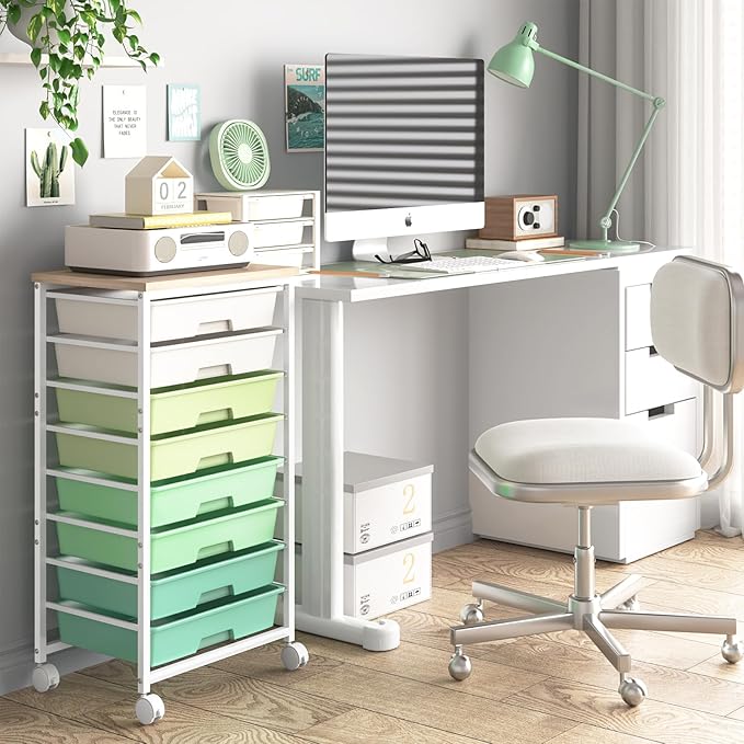 LABUK Rolling Storage Cart with Drawers Utility Cart Plastic Organizers for Classroom Dorm Office Bathroom, Makeup Palettes, Cosmetics, Nail Polish Organizer(Green)