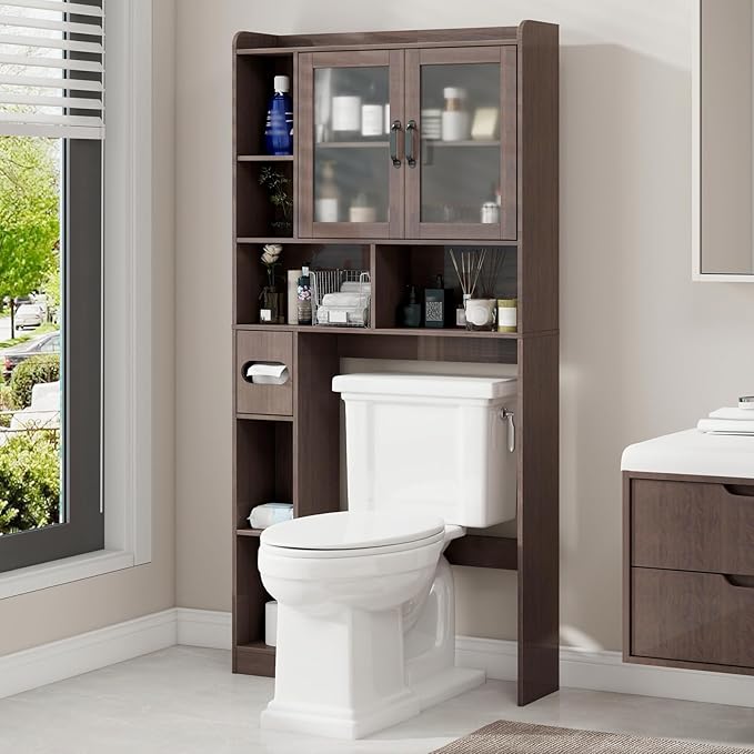 Vabches Over The Toilet Storage Cabinet, Farmhouse Storage Cabinet Over Toilet with Acrylic Doors，Home Space-Saving Toilet Rack, for Bathroom, Restroom, Laundry, Espresso