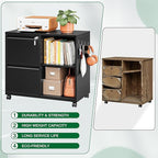 Mobile Lateral File Cabinet with Side Hook, 2 Drawer File Cabinet with Lock fits A4/Letters/Legal Size for Home Office,Metal Rolling Printer Stand with Open Storage Adjustable Shelves(Black)