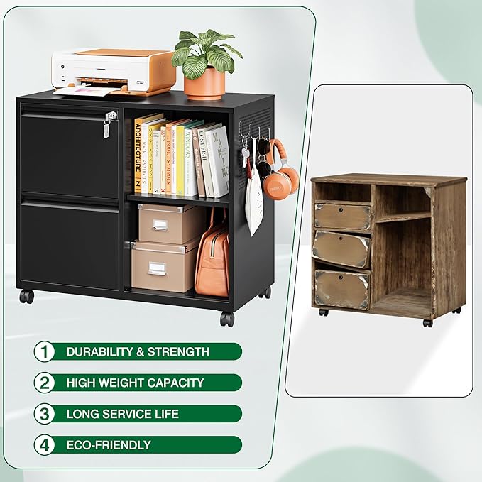 Mobile Lateral File Cabinet with Side Hook, 2 Drawer File Cabinet with Lock fits A4/Letters/Legal Size for Home Office,Metal Rolling Printer Stand with Open Storage Adjustable Shelves(Black)