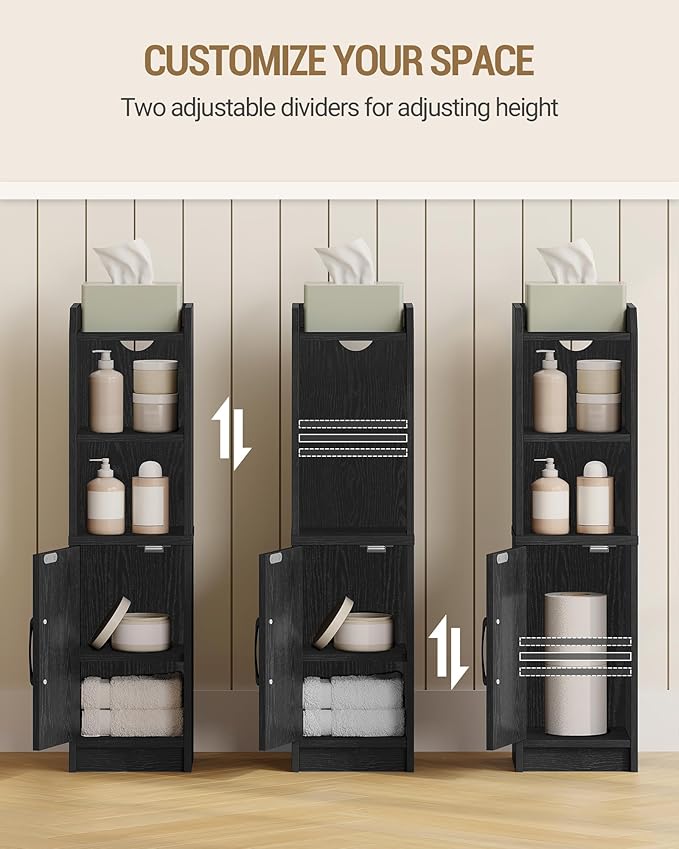 Bathroom Storage Cabinet, Small Farmhouse Corner Floor Cabinet with Door and Shelves, Narrow Toilet Paper Holder Stand, Bathroom Organizer with Adjustable Shelf, for Small Spaces, Black