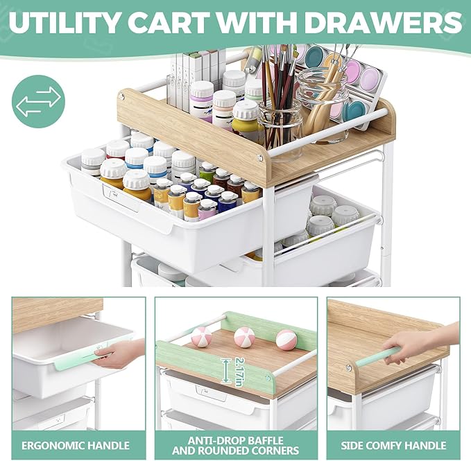 Rolling Craft Storage Cart with 4 Drawers,Utility Cart with Drawers,Art Craft Organizers and Storage,Kids Craft Cart,Kids Art Cart With DIY Lable and Wooden Tabletop Area,White