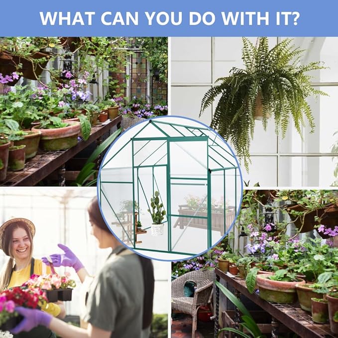 6 x 8 FT Outdoor Patio Greenhouse, Polycarbonate Board, Raised Base, Sliding Door, Adjustable Roof, Window Greenhouse, Anchor Aluminum Heavy Duty Walk-in Greenhouse