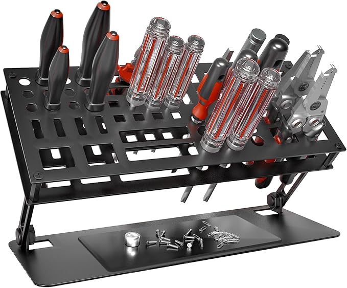 Screwdriver Organizer Holder Screwdriver Storage Rack for Desktop, Angle and Height Adjustable, Carbon Steel Tool Shelf for rc Repair, Plier (Black)