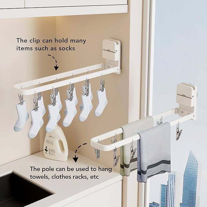 2 Pack Wall Mounted Suction Cup Clothes Drying Rack with 20 Clips, Portable & Collapsible Sock Hanger for Drying Socks, Bras, Underwear, Baby Clothes,Towels