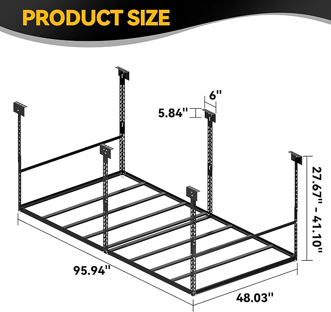 4x8 Ft Overhead Garage Storage Rack, 28-41 inch Height Adjustable Ceiling Mounted Organization Rack, 700 lbs Weight Capacity, 48"x96" Metal Rack for Garage Storage with Hanging Rods