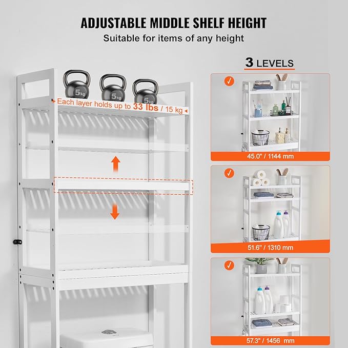 VEVOR Over The Toilet Storage, 3-Tier Adjustable Over Toilet Bathroom Organizer, Bamboo Storage Shelf Rack with 3 Hooks, Freestanding Easy Assembly Laundry Space Saver, Fit Most Toilets