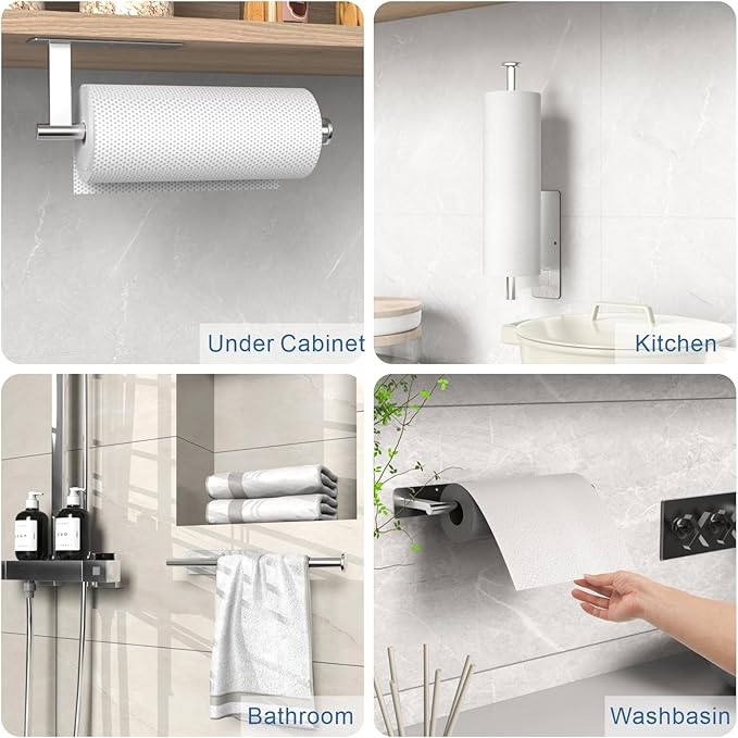 Paper Towel Holder Under Cabinet, Upgraded Adhesive Paper Towel Holder Wall Mount for Kitchen, Bathroom, RV, Bend-Resistant, Self-Adhesive or Drill mounting, Stainless Steel, Silver