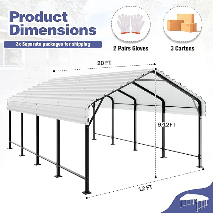 JY QAQA 12 x 20 FT Heavy Duty Metal Carport Canopy with Galvanized Steel Roof, Outdoor Car Tent Metal Garage Shelter for Car, SUV, Trucks and Boats, White