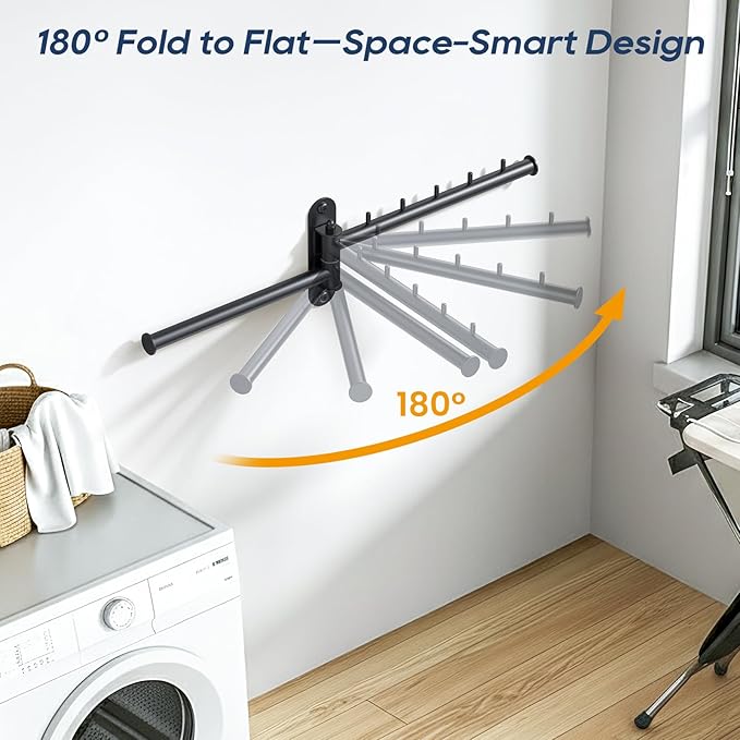 Wall Mounted Drying Rack, 2-Tier Laundry Drying Rack with Swing Arm, Space-Saving Foldable Laundry Clothes Hanger with 10 Clips for Laundry Room Closet Organizer Bathroom Bedroom