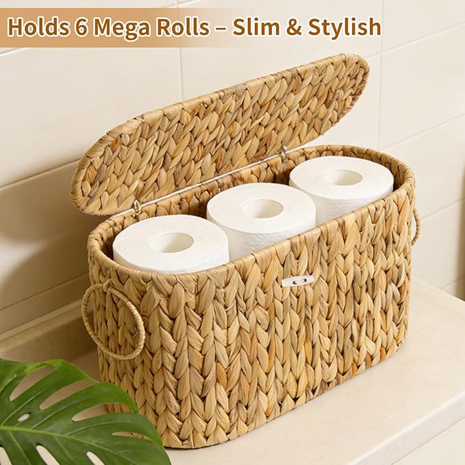 Toilet Paper Storage Basket with Lid, Water Hyacinth Slim Toilet Paper Holder - Holds Up to 6 Mega Rolls, Wicker Basket for Bathroom Organization, Natural
