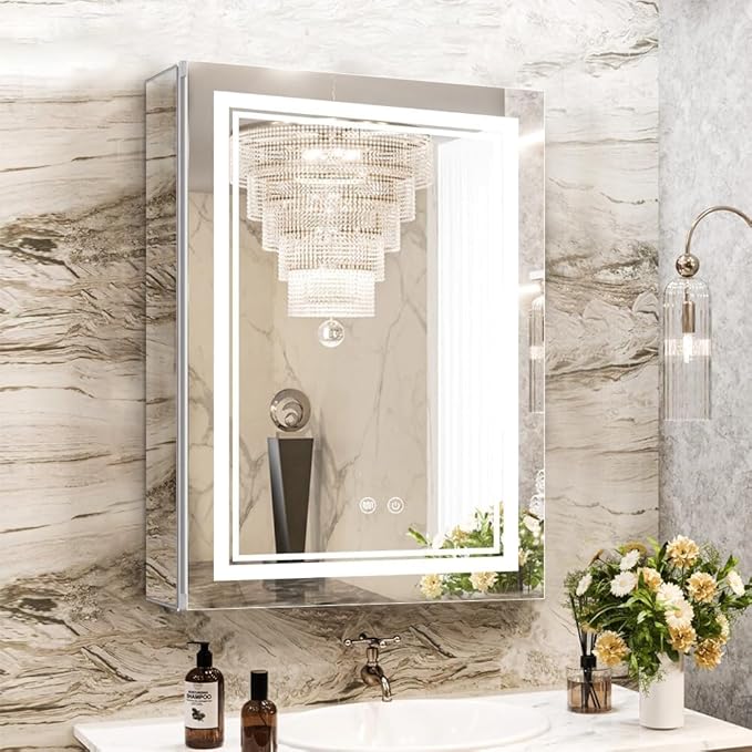 High-End Led Medicine Cabinet,Lighted Medicine Cabinet,3 Colors&Dimmable,Demister,Lighted Glass Shelf,USB Shaver Socket.Surface Mount or Recess Mount,20×28inch