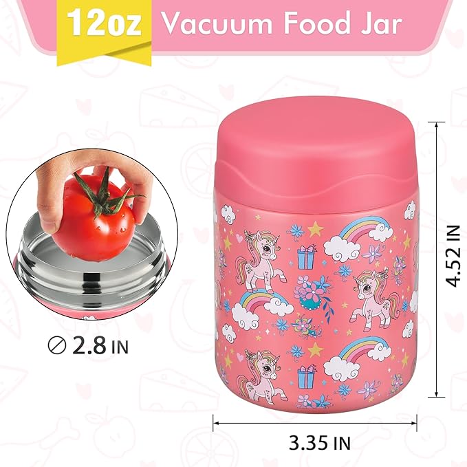 12oz Soup Thermo for Hot Food Kids Insulated Food Jar Wide Mouth Lunch Container Leak Proof Stainless Steel Vacuum Bento Box for School Office Travel Outdoors Pink-unicorn