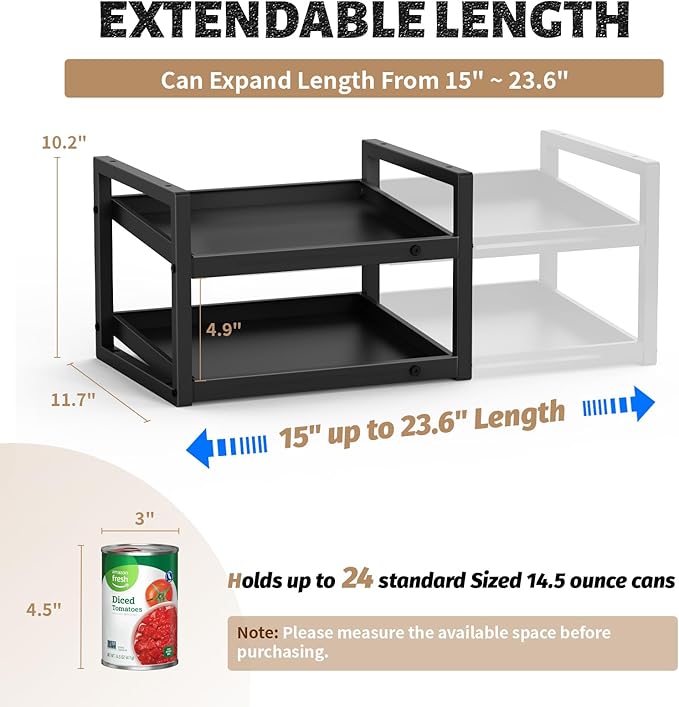 2-Tier Can Organizer for Pantry, Expandable Length Can Rack for Kitchen Shelf Organizer and Storage, Sturdy Metal Standing Can Holder for Canned Soup Soda Food Goods Storage, Stackable