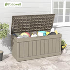 Patiowell 82 Gallon Resin Deck Box, Waterproof Large Wood Look Storage Box for Patio Furniture, Pool Accessories, Garden Tools and Sports Equipment, Lockable, Light Brown