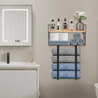 Livabber Towel Racks for Bathroom, Metal Towel Storage Holder for Roll Towels, Wall Mounted Towel Organizer with Storage Basket and Wooden Shelf for Small Spaces (Black)