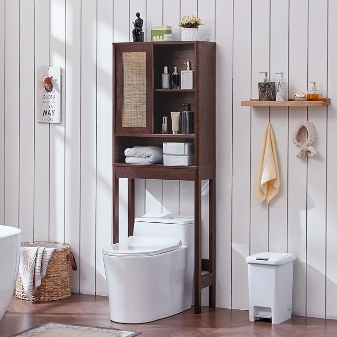 LEYAOYAO Rattan Over The Toilet Storage Cabinet, Farmhouse Over Toilet Bathroom Organizer with Sliding Door, 68" Tall Freestanding Washer Shelf with Adjustable Shelf & Curved Profile, Walnut