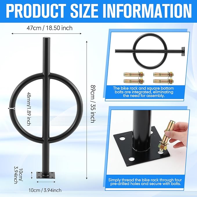 2 Bike Capacity Post and Ring Bike Rack Commercial Bicycle Rack 35" L Heavy Duty Galvanized Steel Bicycle Organizer Ground Parking Stand for Outdoor Garages Streets Yards Schools Sidewalks
