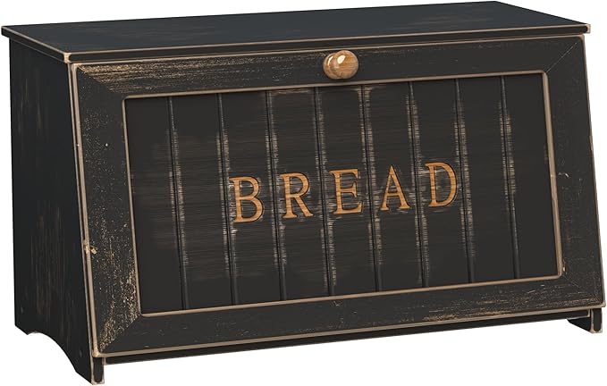 Vintage Bread Box for Kitchen Countertop, Retro Design Bread Storage Container, Farmhouse Wooden Counter Breadbox, Small Bamboo Bread Bin Holder for Homemade Bread, Black