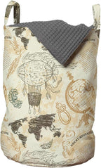 Ambesonne World Map Laundry Bag Pack of 2, Pattern Vintage Globe Atlas Theme Airship Knots Ribbon Retro Print, Hamper Basket with Handles Drawstring Closure, 13" x 19", Beige Green