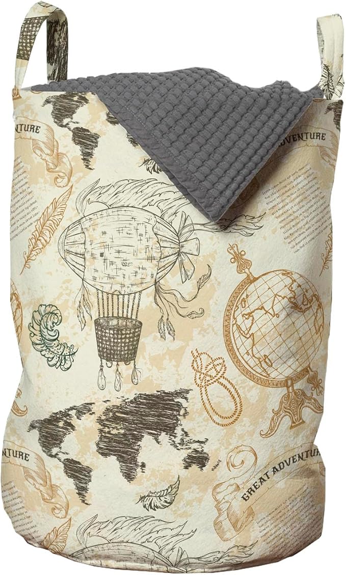 Ambesonne World Map Laundry Bag Pack of 2, Pattern Vintage Globe Atlas Theme Airship Knots Ribbon Retro Print, Hamper Basket with Handles Drawstring Closure, 13" x 19", Beige Green