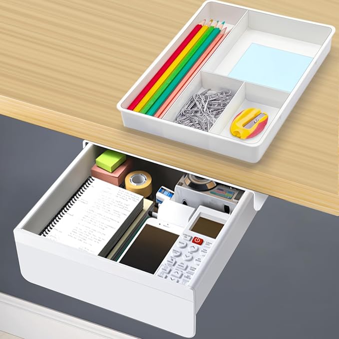 Under Desk Table Drawer Storage Organizer, Slide Out Drawer with 4 Compartments Divider,Pencil Storage Self-Adhesive Tray Under Table (M/White+White)