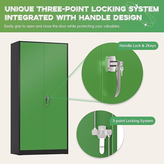 INTERGREAT Metal Storage Cabinet with Lock, 72" Steel Lockable Storage Cabinets with Locking Doors and Adjustable Shelves, Locking Tool Cabinets for Office, Home, Garage, Gym, School (Black Green)