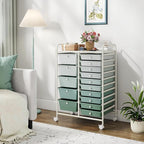 LUARANE Rolling Cart with 15 Drawers, Craft Storage Cart with Portable Handles & Lockable Wheels, Mobile Toys Organizer, Large Capacity Utility Drawer Cart Home Office School Teacher (Gradient Green)