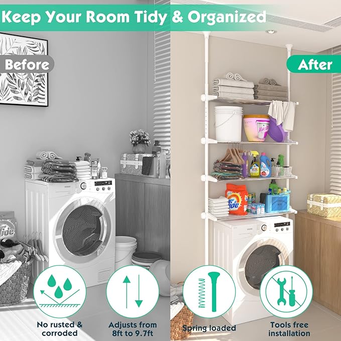 Lilyvane Over-The-Toilet Storage:97 to116” Adjustable 4-Tier Bathroom Organizer, Over The Toilet Storage Shelf for Small Rooms,Narrow Cabinet,Space Saving Bathroom Organizer, Stainless Steel