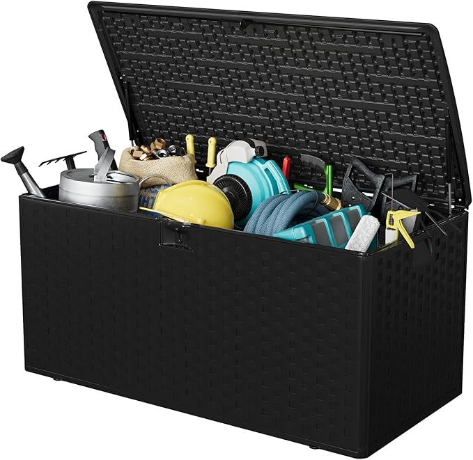 Garvee 100 gal Outdoor Storage Box, Lockable Plastic Deck Box with Lid, Waterproof & UV-Resistant Storage Bin for Patio Cushions, Garden Tools & Pool Accessories, Black