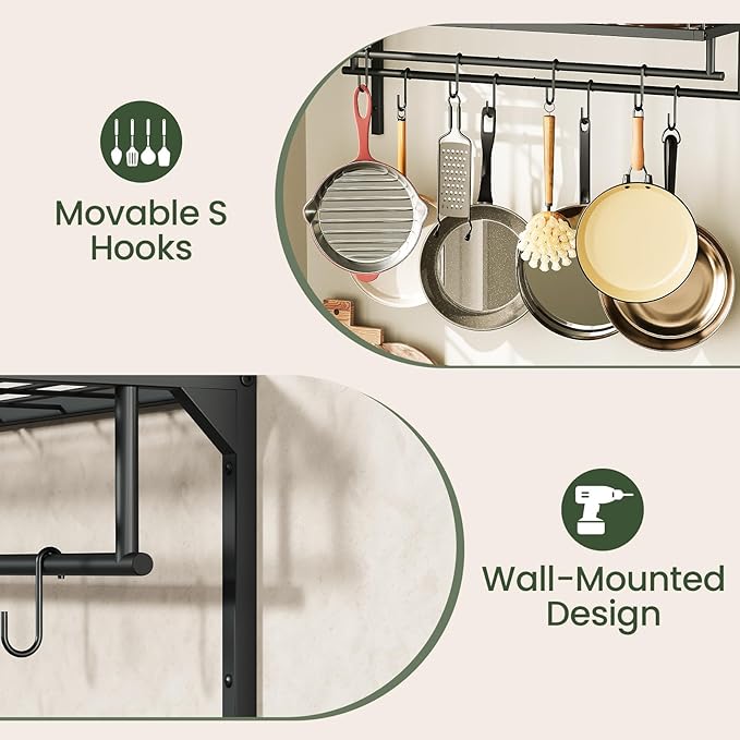 Hanging Pot Rack, Wall-Mounted Pot Rack, Kitchen Cookware Organizer, Metal Pot and pan Organizer Holder, for Cookware, Utensils Organization, Black TPR37BB