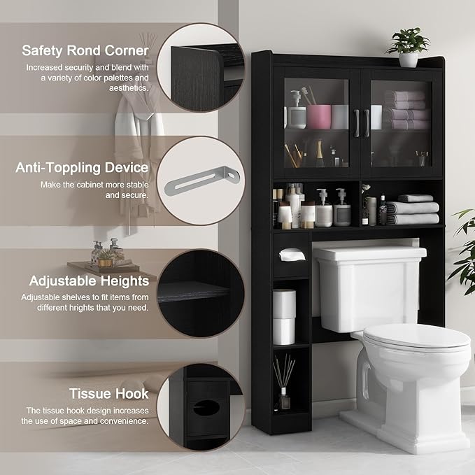 Vabches Over-The-Toilet Storage Cabinet, Farmhouse Style with 2 Acrylic Waves Doors, Space-Saving Home Storage Rack for Restroom, Bathroom and Laundry Room.Black.
