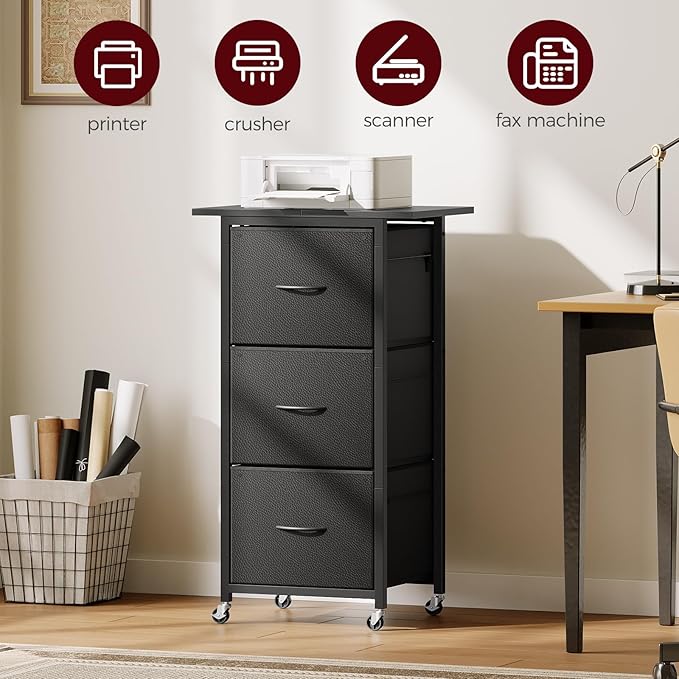 3 Drawer File Cabinet, Vertical Filing Cabinet with Wheels, Printer Stand with Non-Woven Fabric Drawer, Adjustable Hanging Rods, fits A4/Letter Size, for Home Office, Black FCBK5901